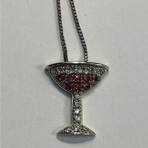 Sterling Silver 925 Pink & White Stone Cocktail Glass On An 18” Box Chain Italy